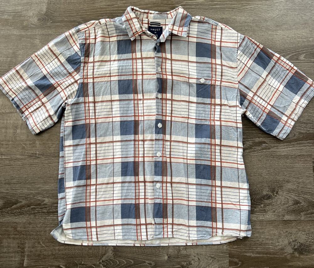 Trust Men's Short Sleeve Button Down Plaid Shirt made of Linen Blend Size 3X